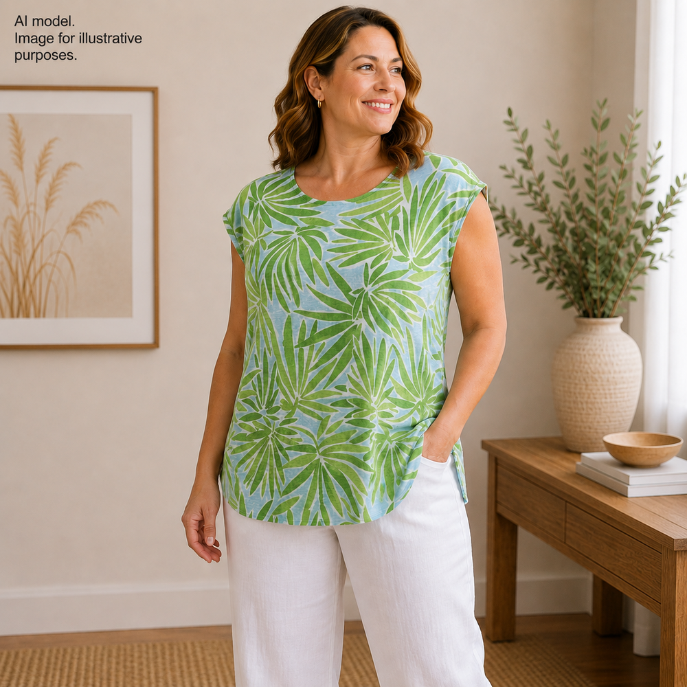 Sigrid Olsen Shirt Womens Medium Green 100% Linen Scoop Neck Tropical Print